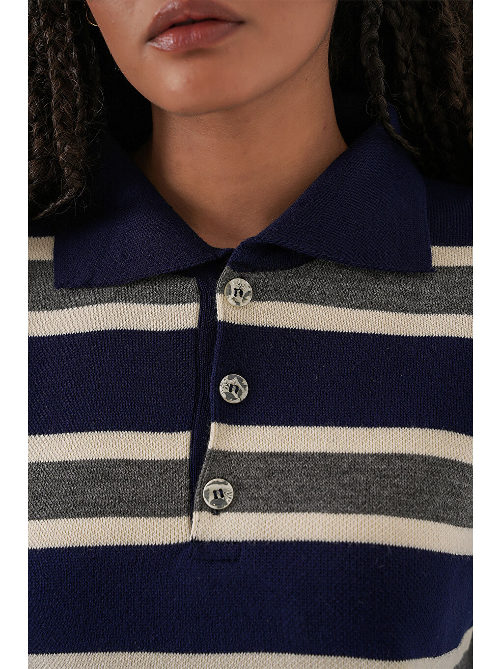 Kadın Çizgili Polo Yaka Triko Kazak 15952 - Lacivert-4