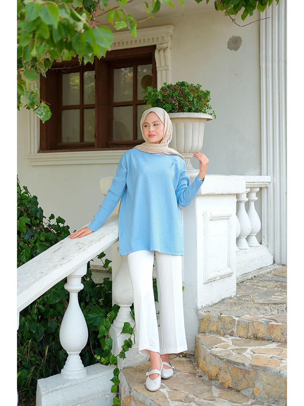 Kadın Kol Düğme Detay Kendinden Desen Tunik Bebe Mavi-4
