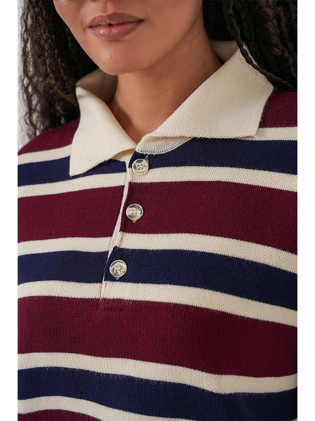 Kadın Çizgili Polo Yaka Triko Kazak 15952 - Bordo-5