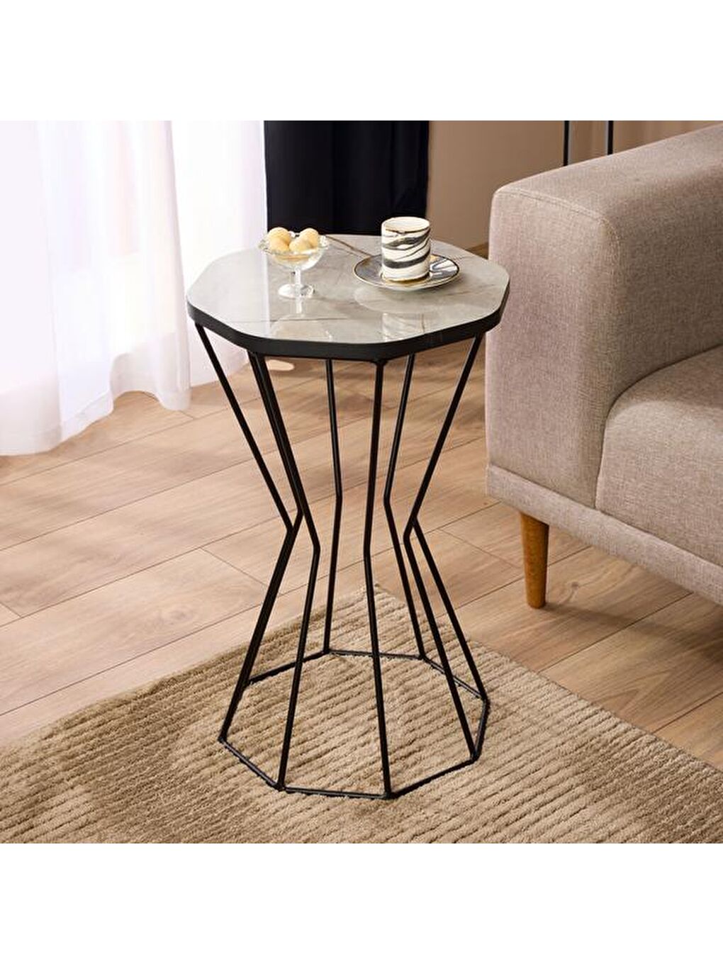 Sekizgen Mermer Desenli Yan Sehpa - Gri / Siyah