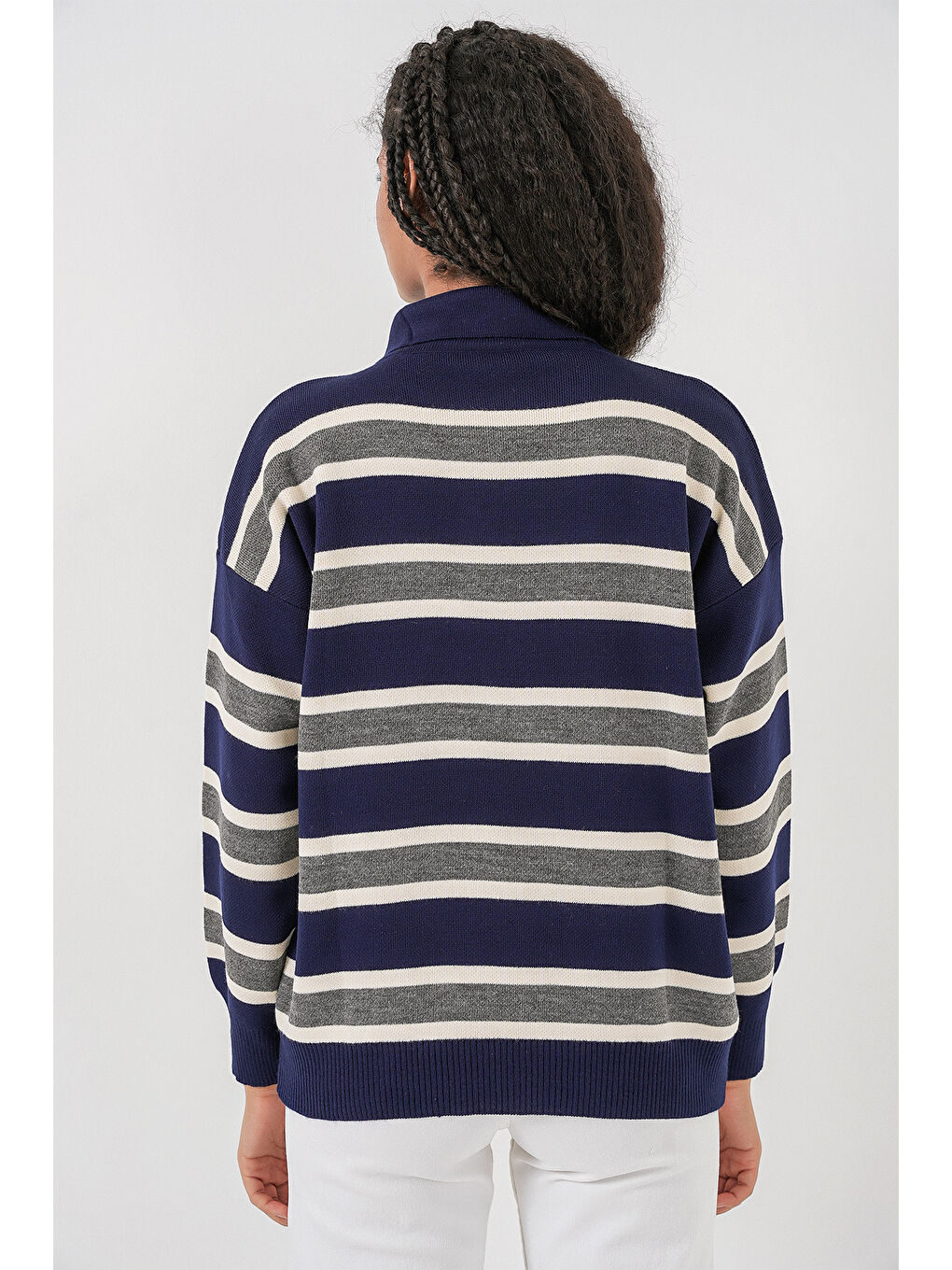 Kadın Çizgili Polo Yaka Triko Kazak 15952 - Lacivert-5