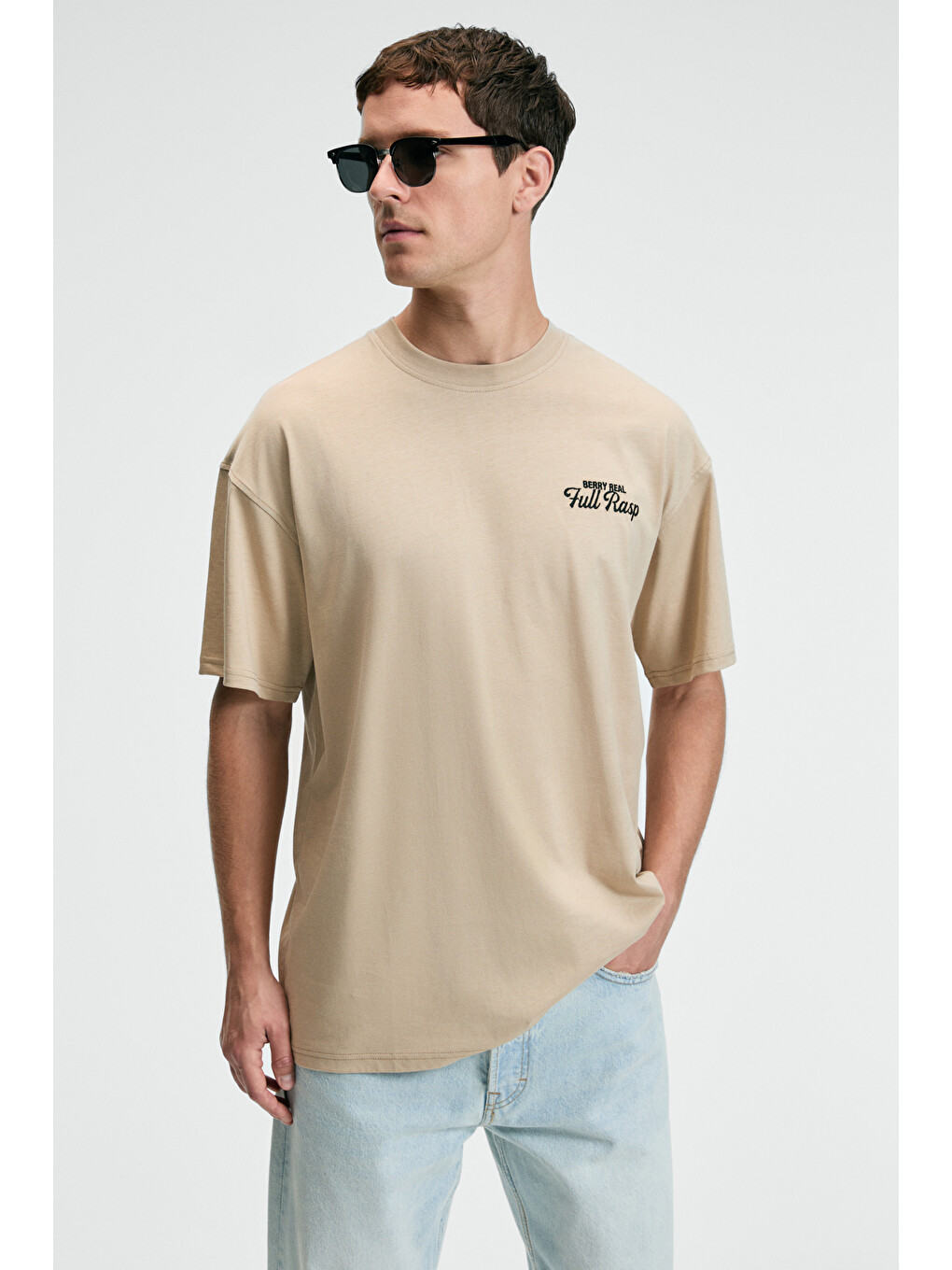 Flavor Erkek Oversize %100 Pamuk Baskılı Yuvarlak Yaka Bej T-shirt-2