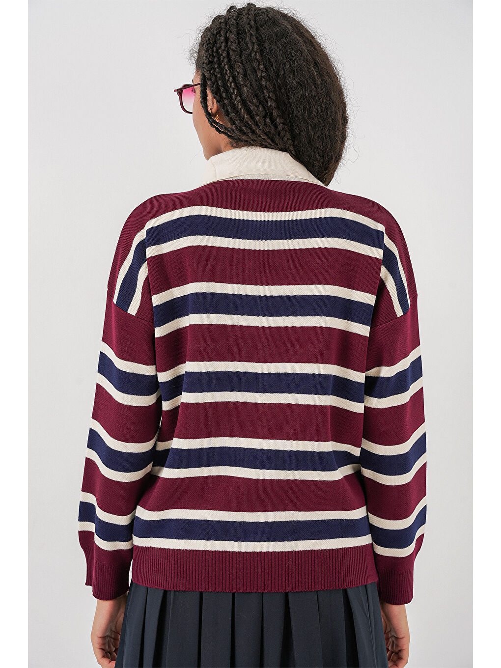 Kadın Çizgili Polo Yaka Triko Kazak 15952 - Bordo-6