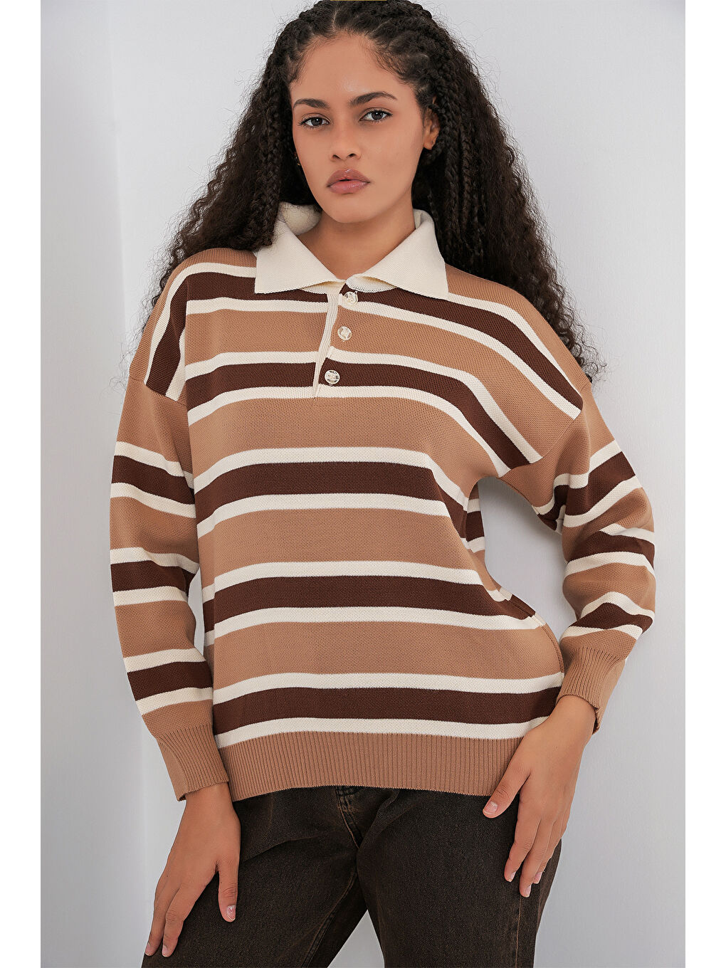 Bej Kadın Çizgili Polo Yaka Triko Kazak 15952 - Vizon