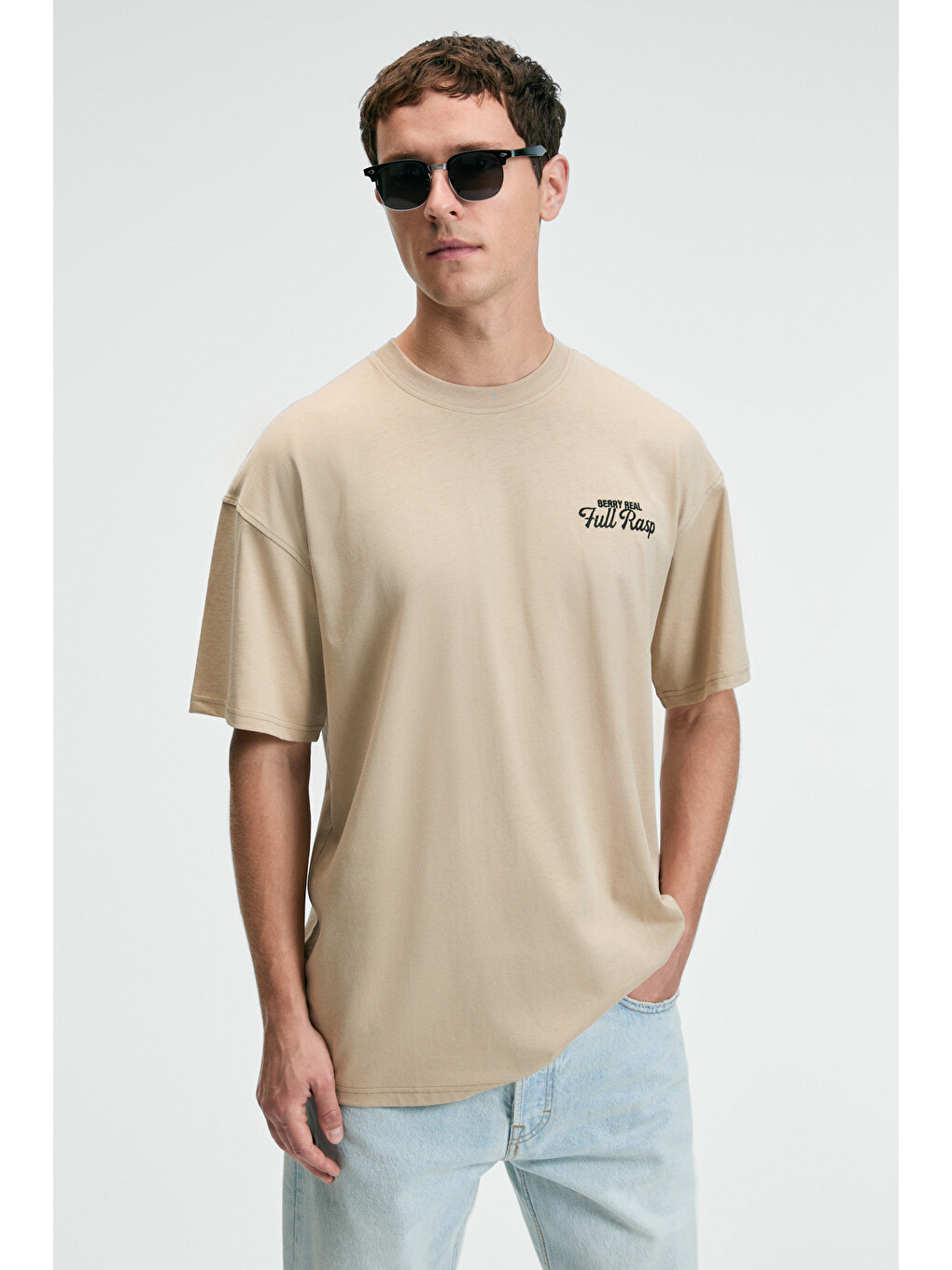 Flavor Erkek Oversize %100 Pamuk Baskılı Yuvarlak Yaka Bej T-shirt-3