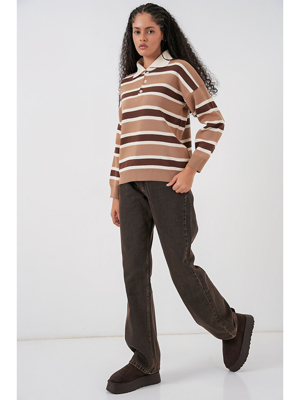 Bej Kadın Çizgili Polo Yaka Triko Kazak 15952 - Vizon-1