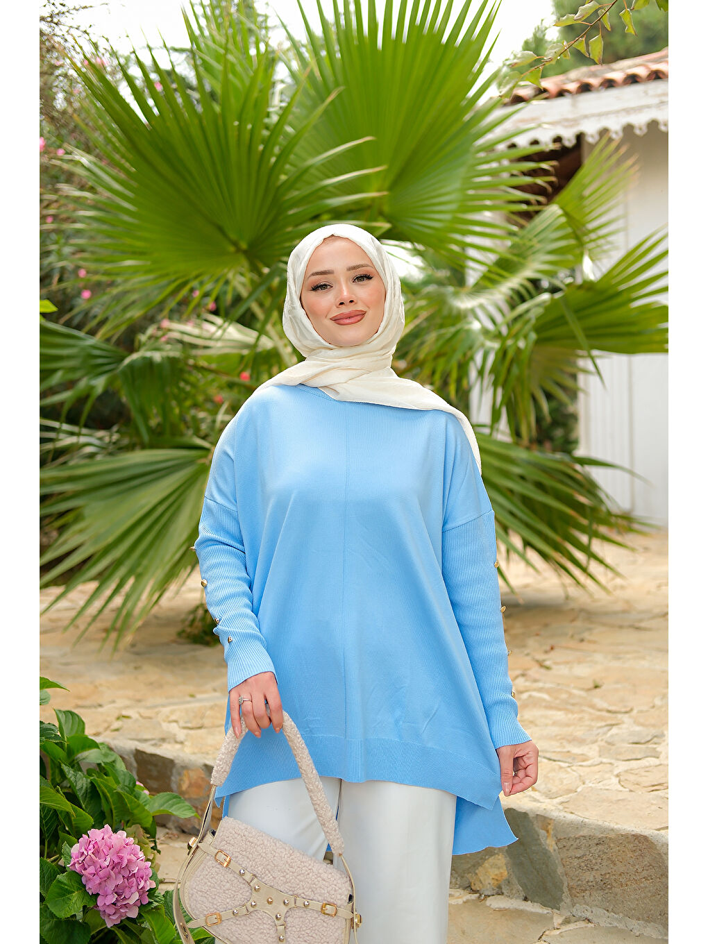 Kadın Kolları Düğme Detaylı Tunik Bebe Mavi-2