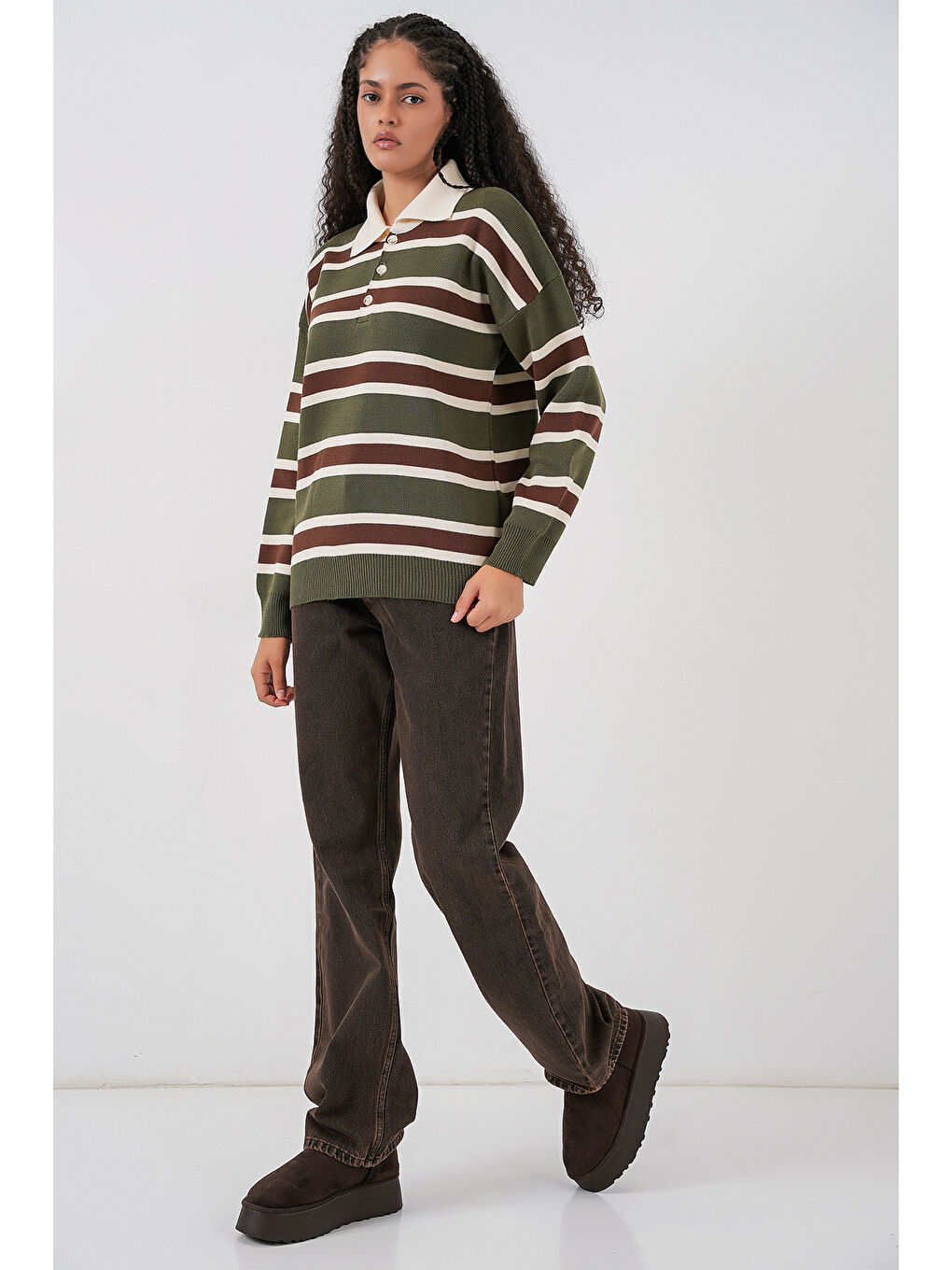 Kadın Çizgili Polo Yaka Triko Kazak 15952 - Haki-1