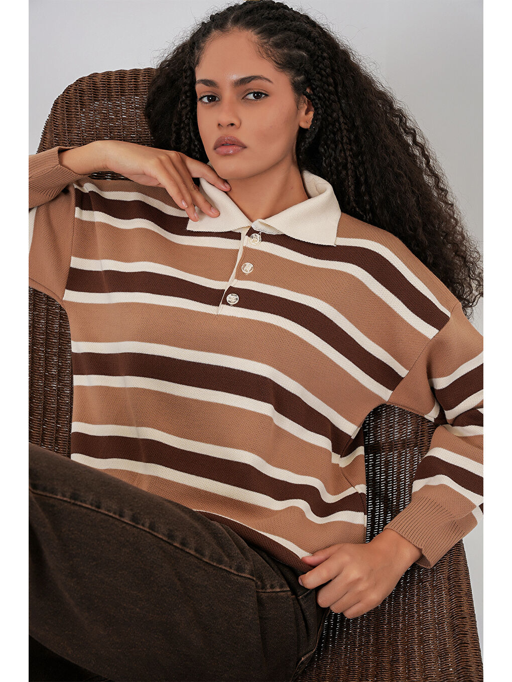 Bej Kadın Çizgili Polo Yaka Triko Kazak 15952 - Vizon-2