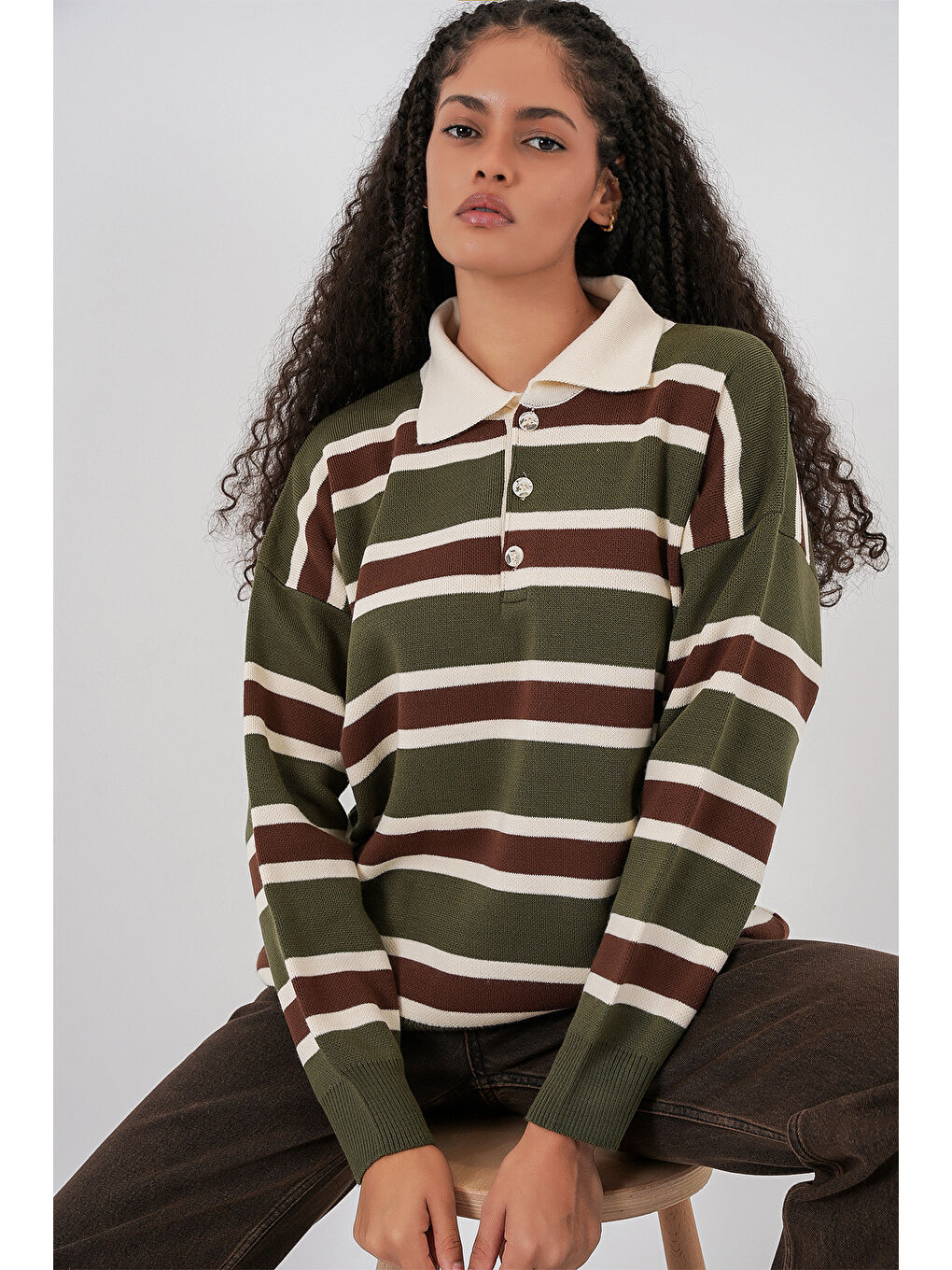 Kadın Çizgili Polo Yaka Triko Kazak 15952 - Haki-2