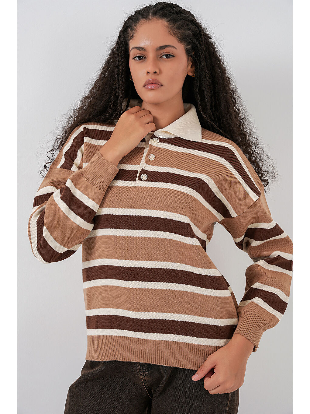 Bej Kadın Çizgili Polo Yaka Triko Kazak 15952 - Vizon-3