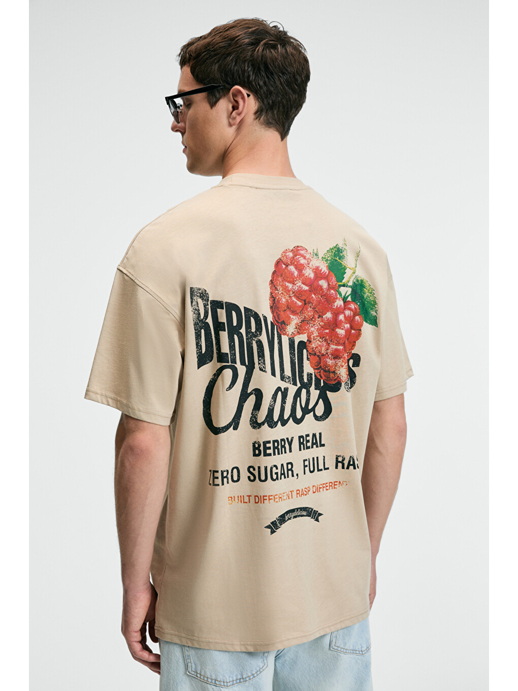 Flavor Erkek Oversize %100 Pamuk Baskılı Yuvarlak Yaka Bej T-shirt-4