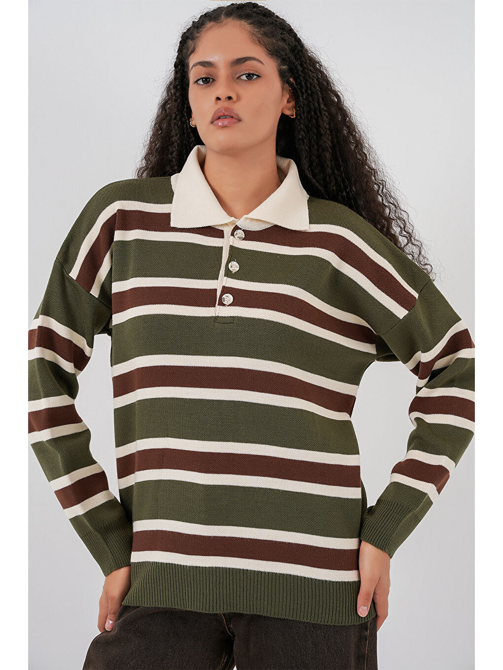 Kadın Çizgili Polo Yaka Triko Kazak 15952 - Haki-3