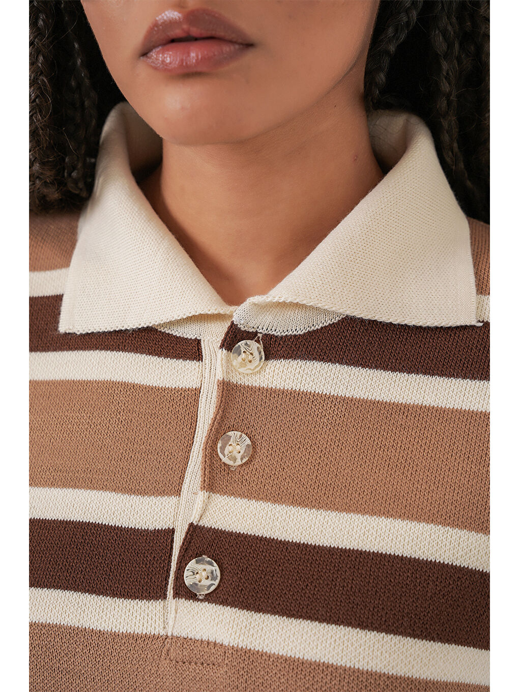 Bej Kadın Çizgili Polo Yaka Triko Kazak 15952 - Vizon-4