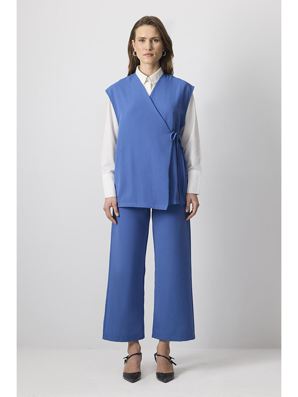 İndigo Keten Dokulu Yelek Pantolon Takım