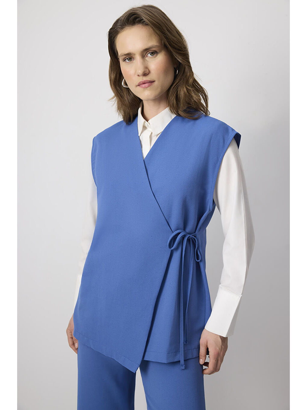 İndigo Keten Dokulu Yelek Pantolon Takım-1