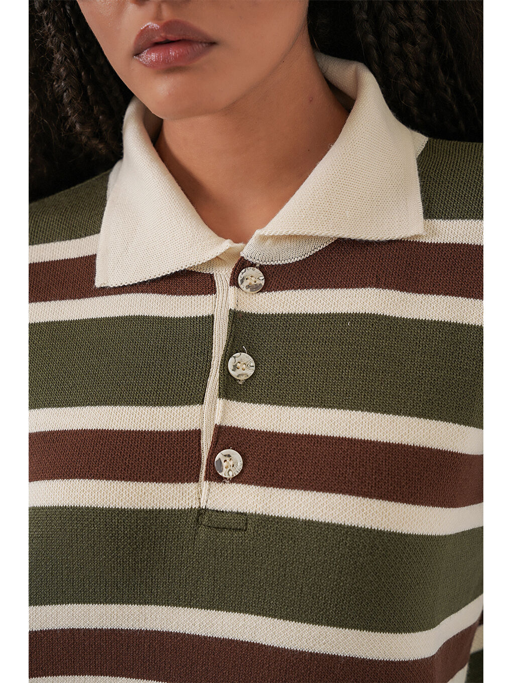 Kadın Çizgili Polo Yaka Triko Kazak 15952 - Haki-4