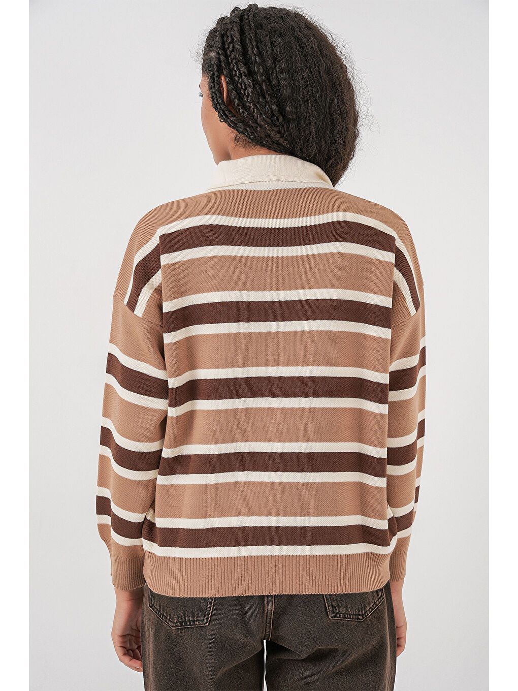 Bej Kadın Çizgili Polo Yaka Triko Kazak 15952 - Vizon-5