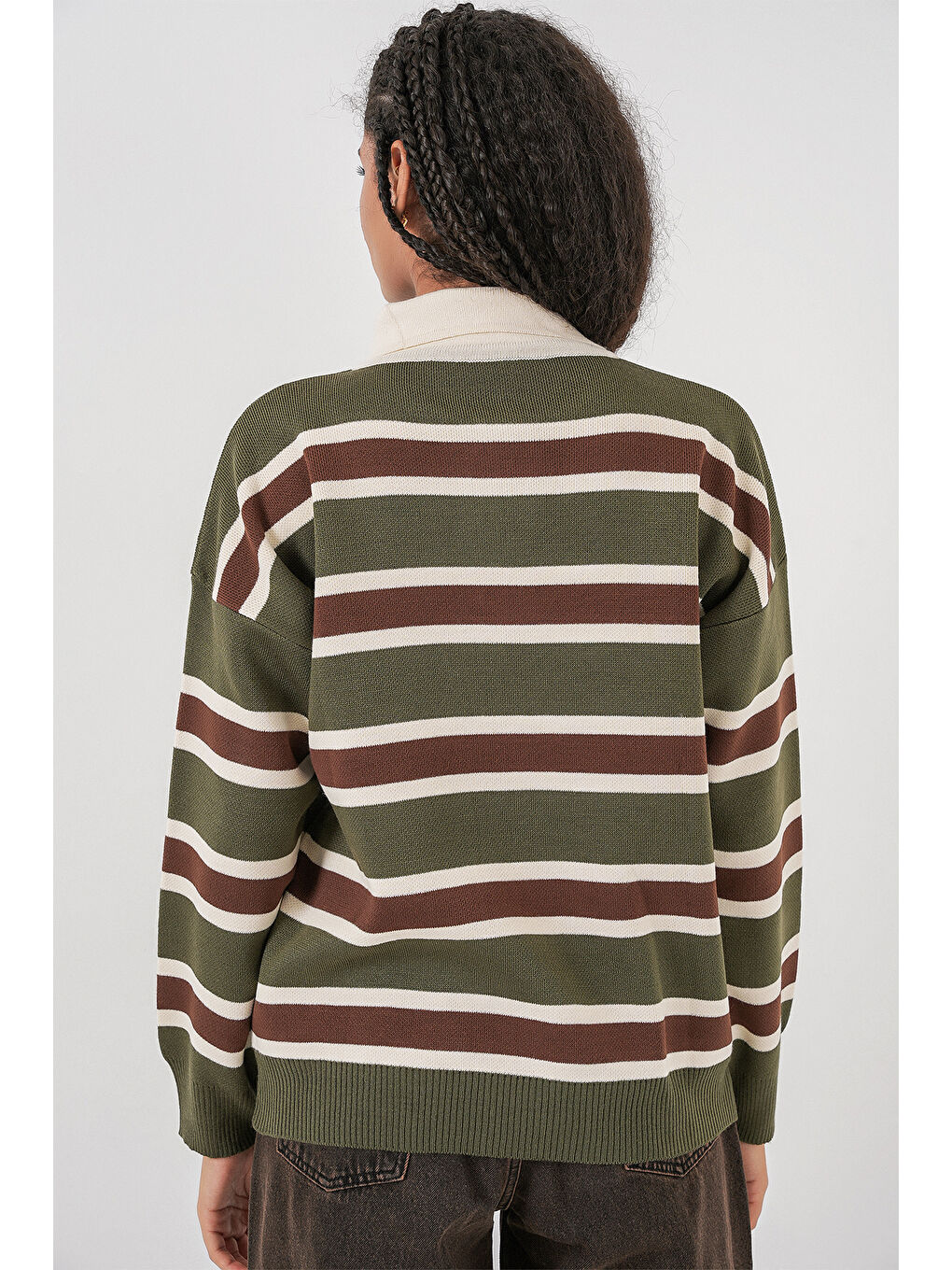 Kadın Çizgili Polo Yaka Triko Kazak 15952 - Haki-5