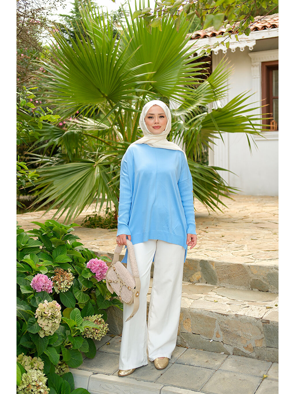 Kadın Kolları Düğme Detaylı Tunik Bebe Mavi-3