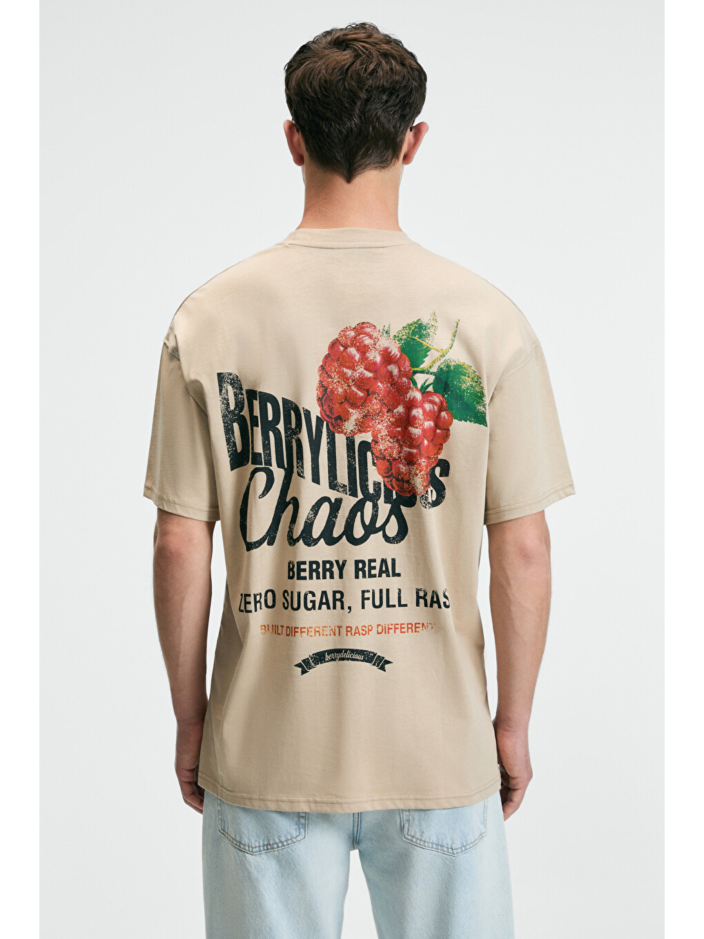 Flavor Erkek Oversize %100 Pamuk Baskılı Yuvarlak Yaka Bej T-shirt-5