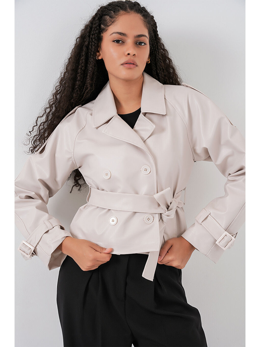 Kadın Kemerli Suni Deri Ceket 1046 - Ekru