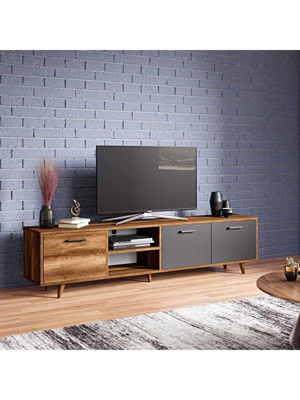 Kahverengi Irmak Tv Ünitesi - Barok Ceviz / Antrasit - 180 cm-6