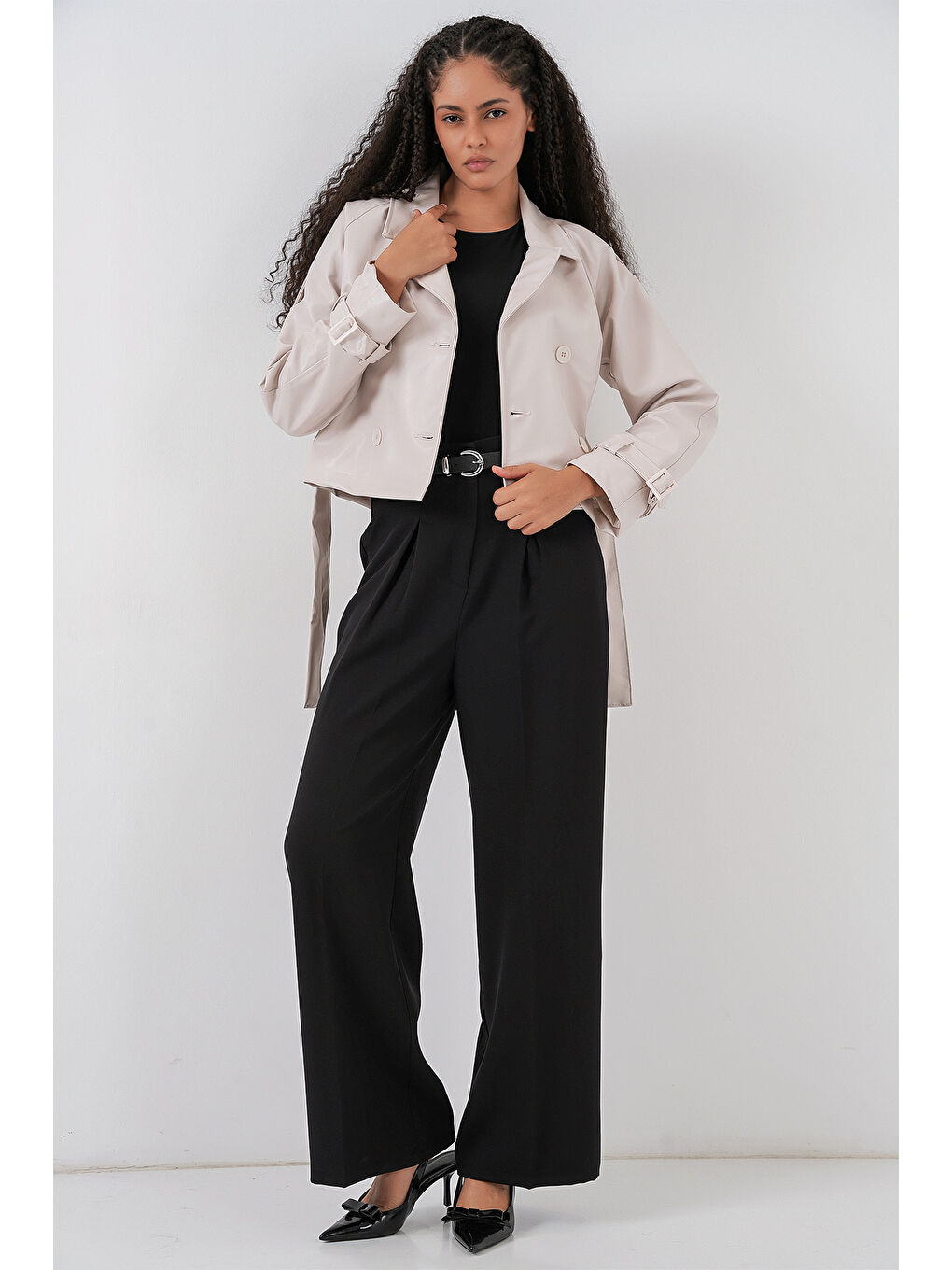 Kadın Kemerli Suni Deri Ceket 1046 - Ekru-1