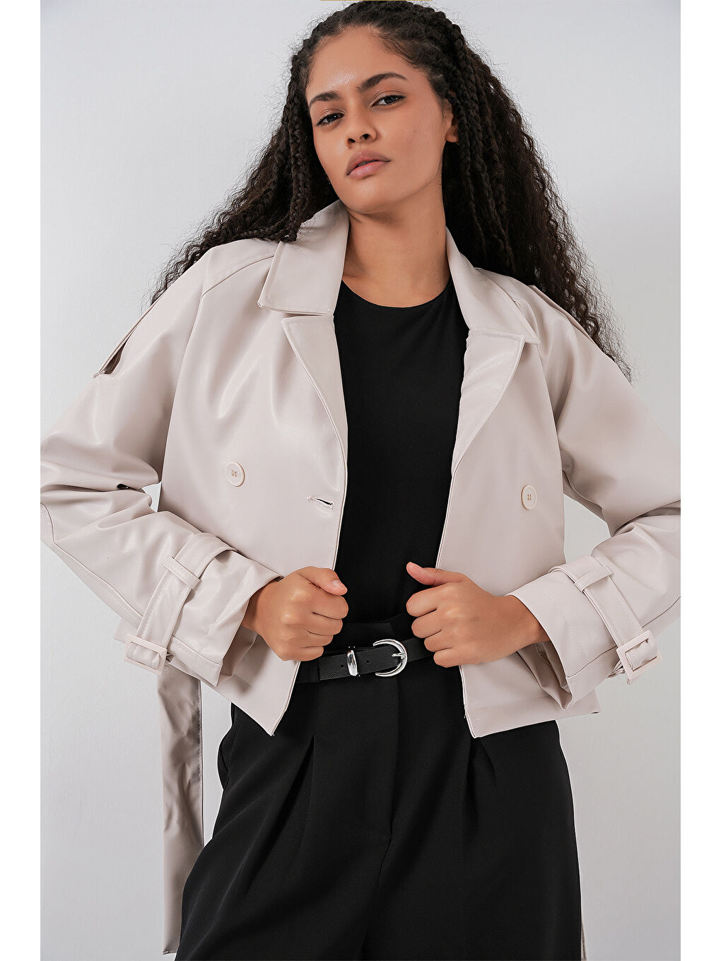 Kadın Kemerli Suni Deri Ceket 1046 - Ekru-2