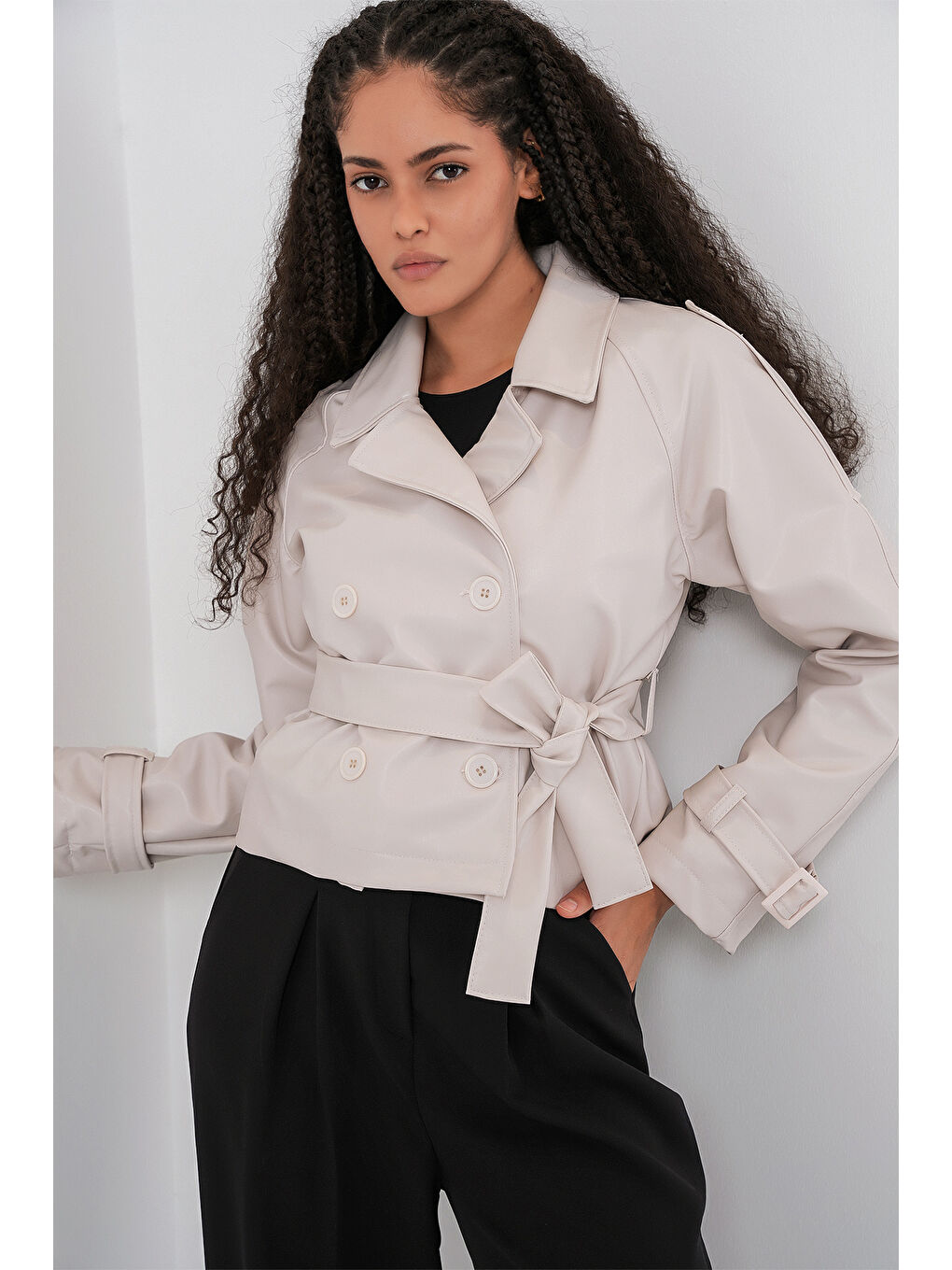 Kadın Kemerli Suni Deri Ceket 1046 - Ekru-3