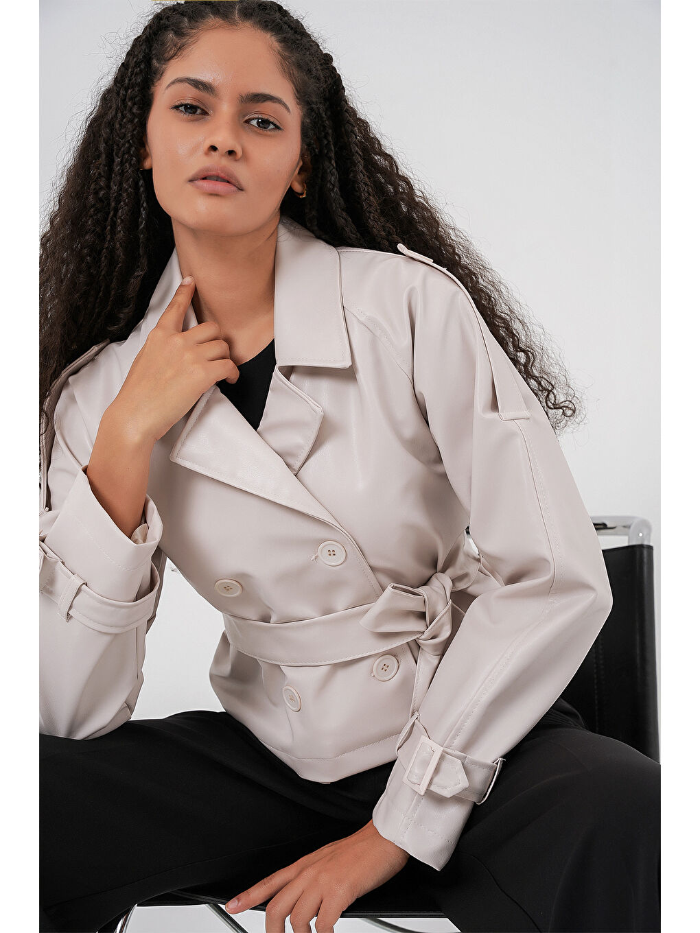 Kadın Kemerli Suni Deri Ceket 1046 - Ekru-4