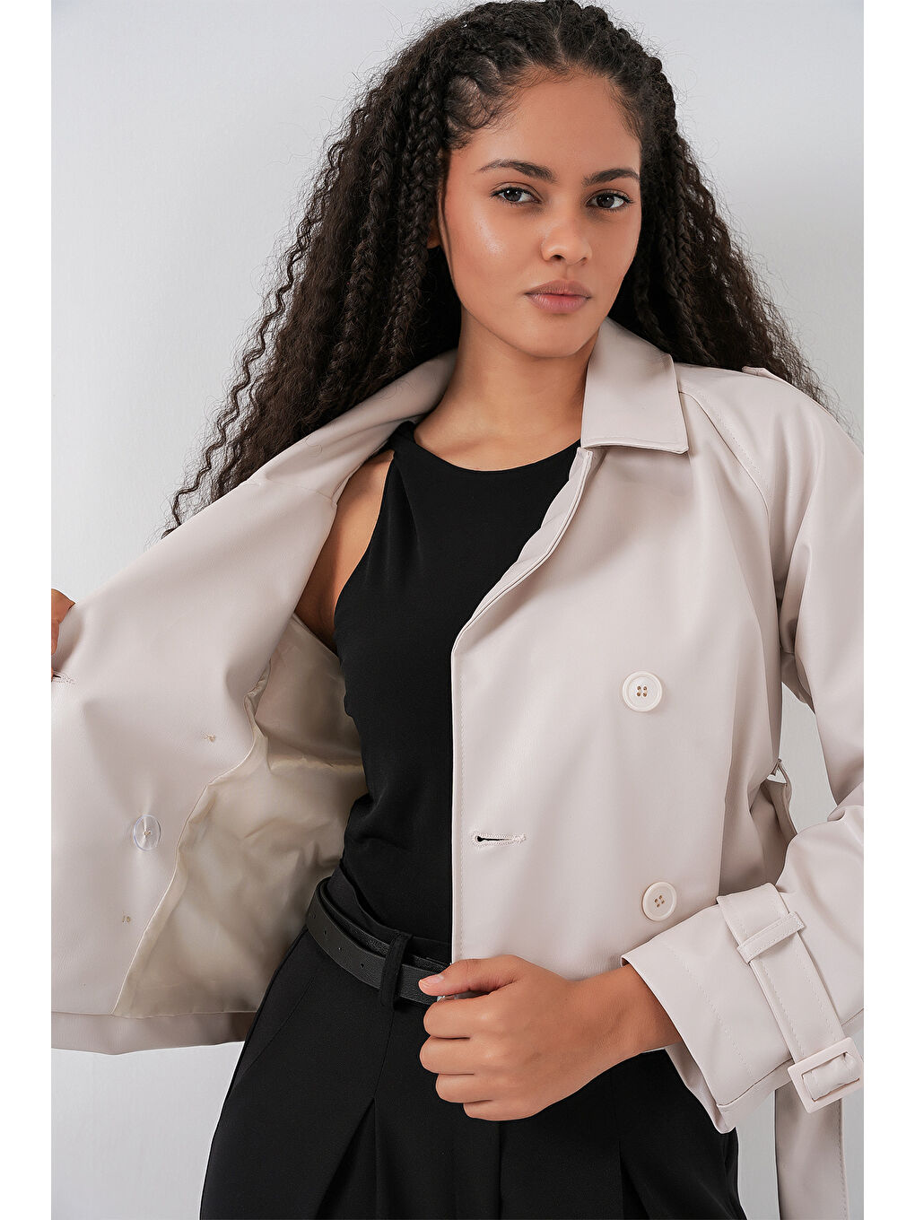 Kadın Kemerli Suni Deri Ceket 1046 - Ekru-5