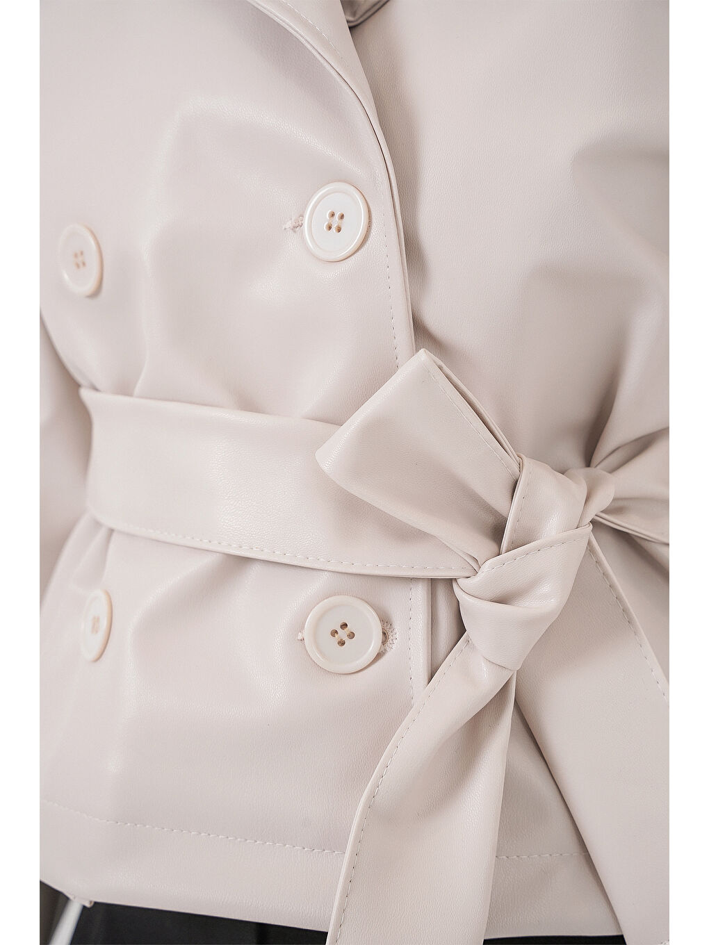 Kadın Kemerli Suni Deri Ceket 1046 - Ekru-6