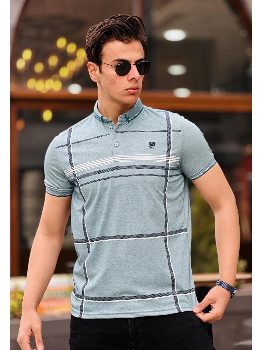 Ekose Baskı Detaylı Polo Yaka Kısa Kollu Tişört 41203-Mavi