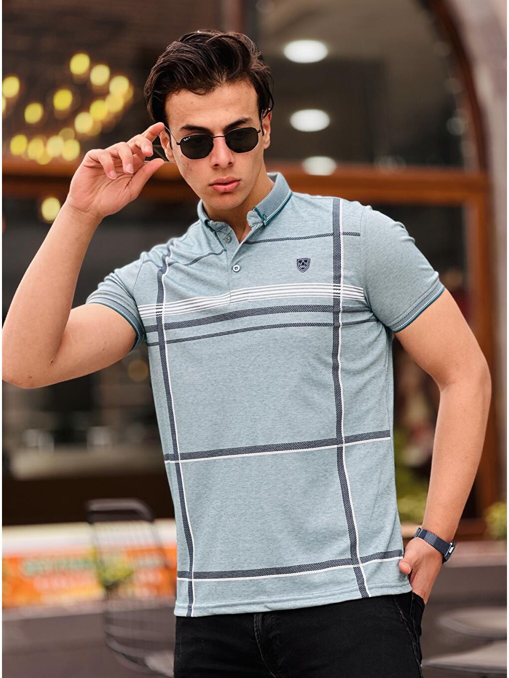 Ekose Baskı Detaylı Polo Yaka Kısa Kollu Tişört 41203-Mavi-1