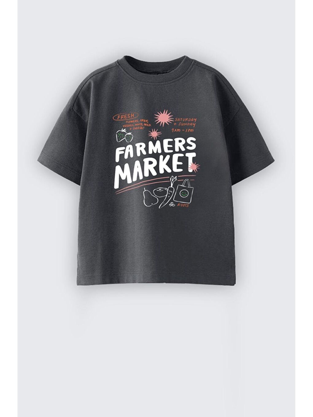 Antrasit Unisex Çocuk Baskılı Bisiklet Yaka Pamuklu Tshirt