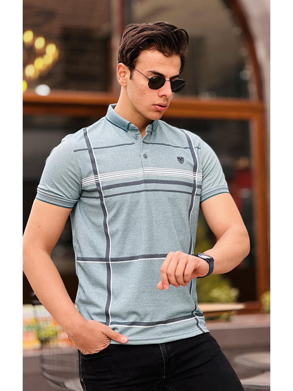 Ekose Baskı Detaylı Polo Yaka Kısa Kollu Tişört 41203-Mavi-2