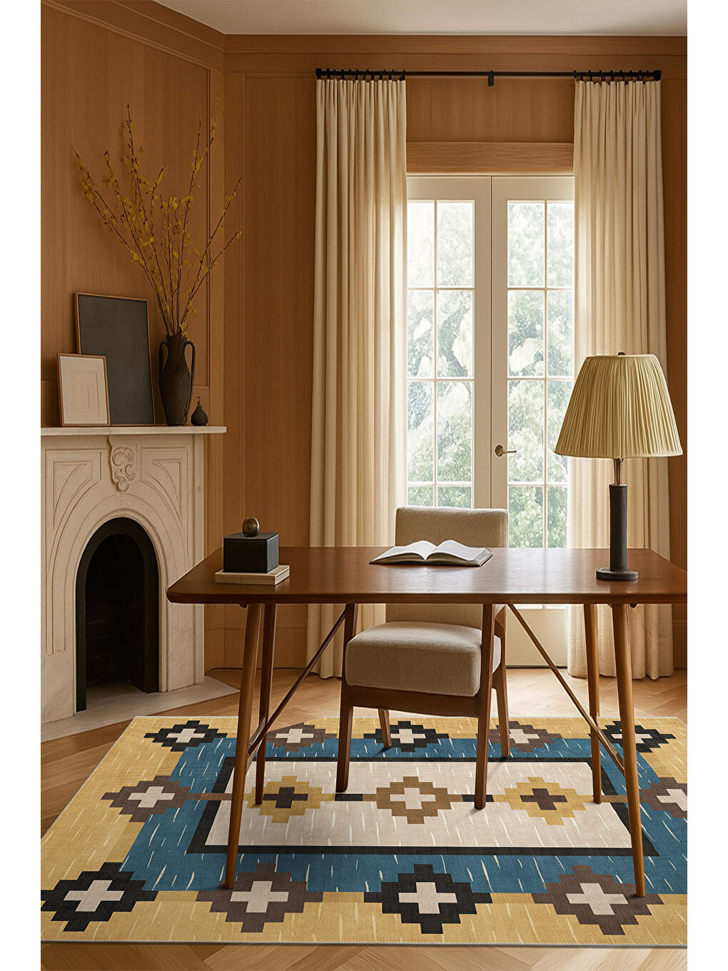 Sarı Dekoratif Salon Halısı, Makinada Yıkanabilir, Kaymaz Taban, İnce & Modern Tasarım-1