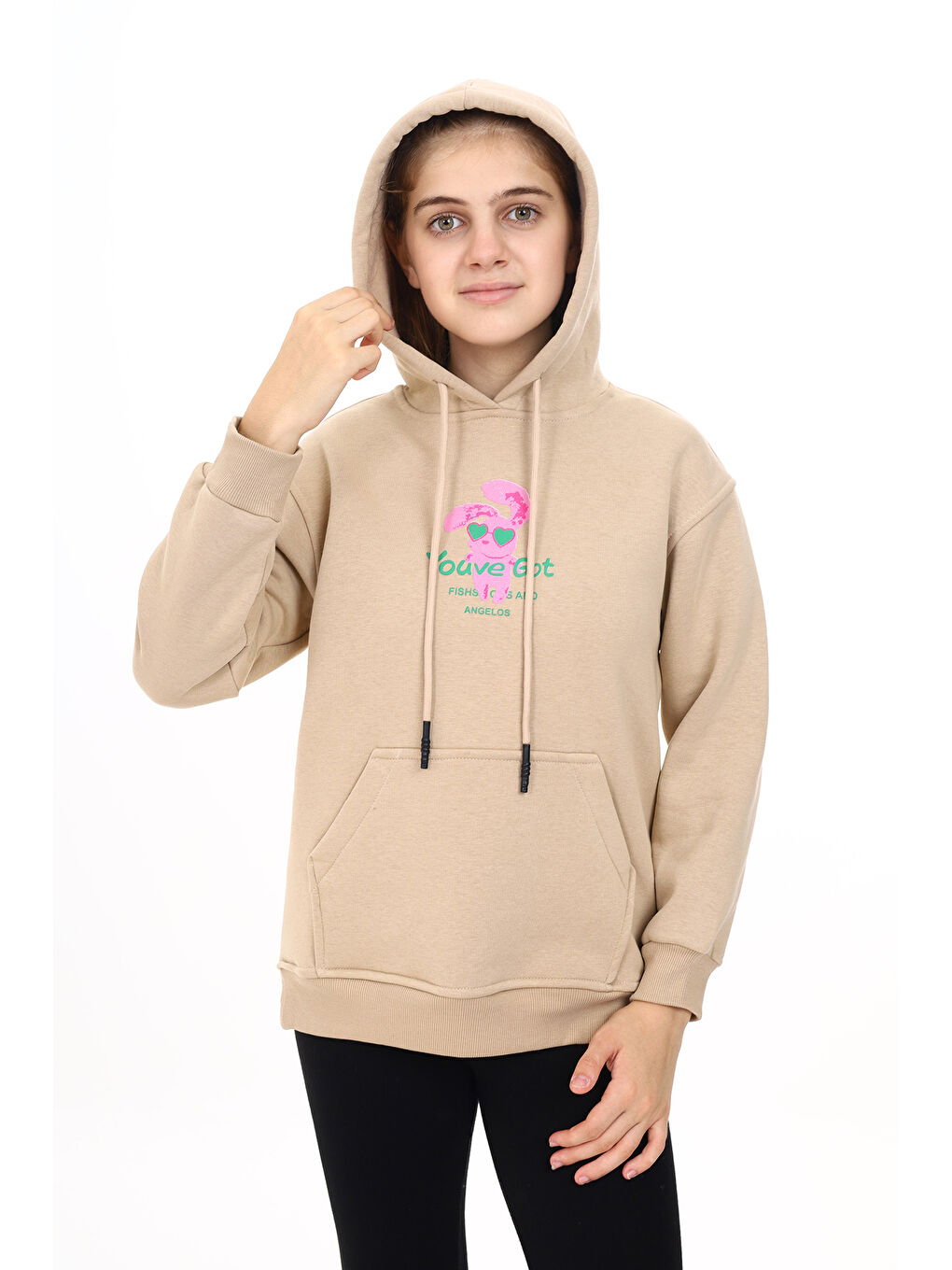 angelos Ekru Kız Çocuk Tavşan Baskılı Kapüşonlu Sweatshirt Px872 3