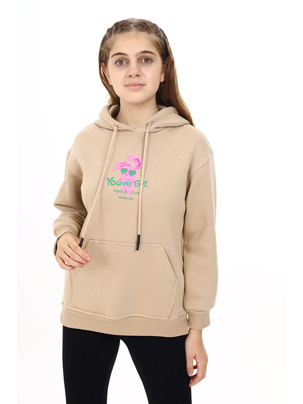 angelos Ekru Kız Çocuk Tavşan Baskılı Kapüşonlu Sweatshirt Px872 3 - 1