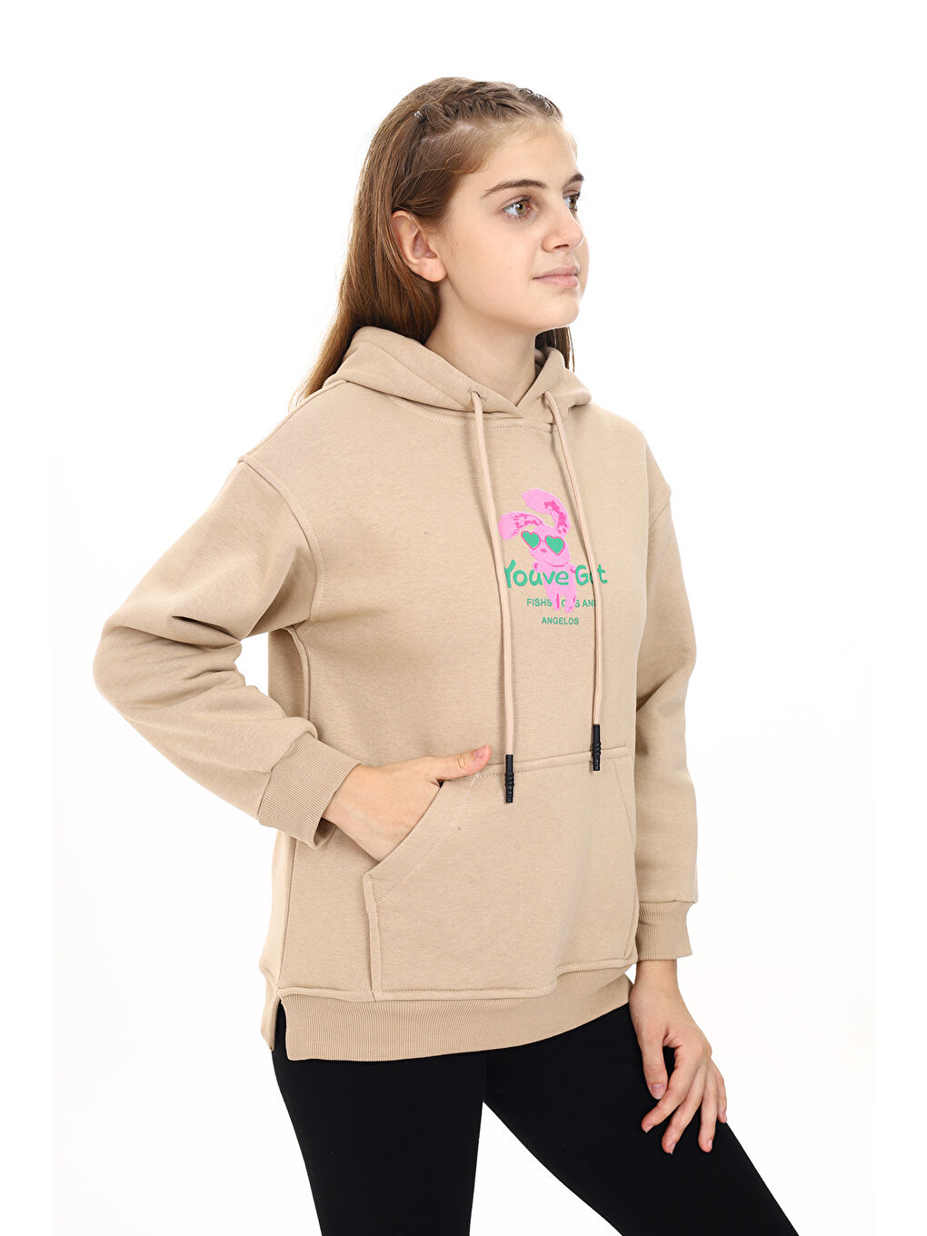 angelos Ekru Kız Çocuk Tavşan Baskılı Kapüşonlu Sweatshirt Px872 3 - 2