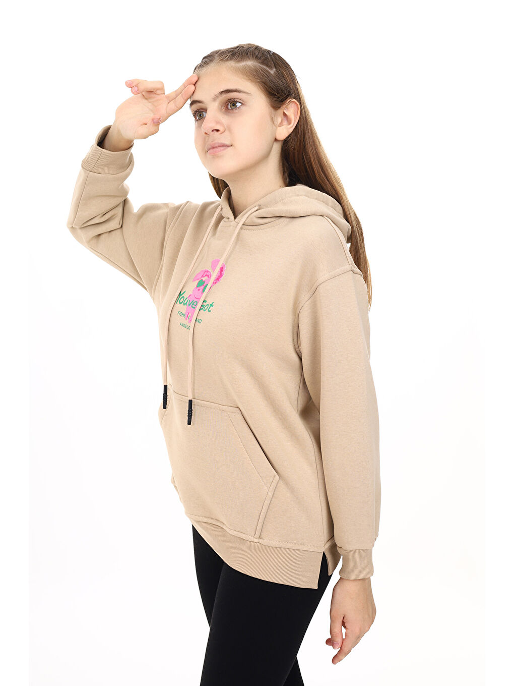 angelos Ekru Kız Çocuk Tavşan Baskılı Kapüşonlu Sweatshirt Px872 3 - 3