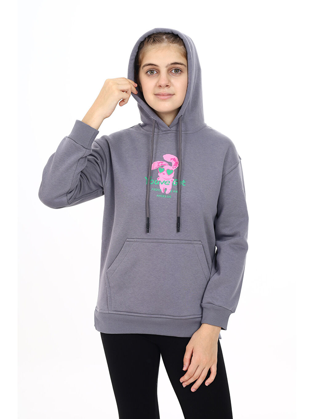 angelos Gri Kız Çocuk Tavşan Baskılı Kapüşonlu Sweatshirt Px872 1