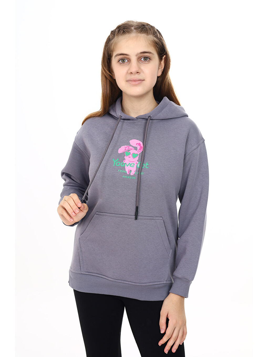 angelos Gri Kız Çocuk Tavşan Baskılı Kapüşonlu Sweatshirt Px872 1 - 1