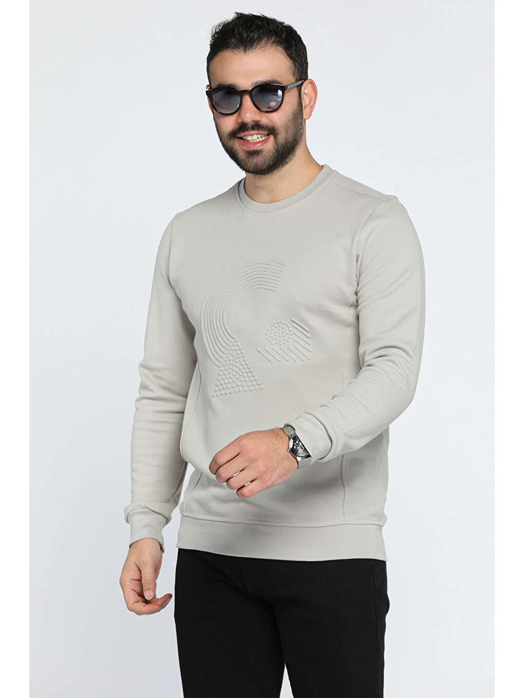 Mishar İtalia Gri Bisiklet Yaka Kabartmalı Erkek Sweatshirt