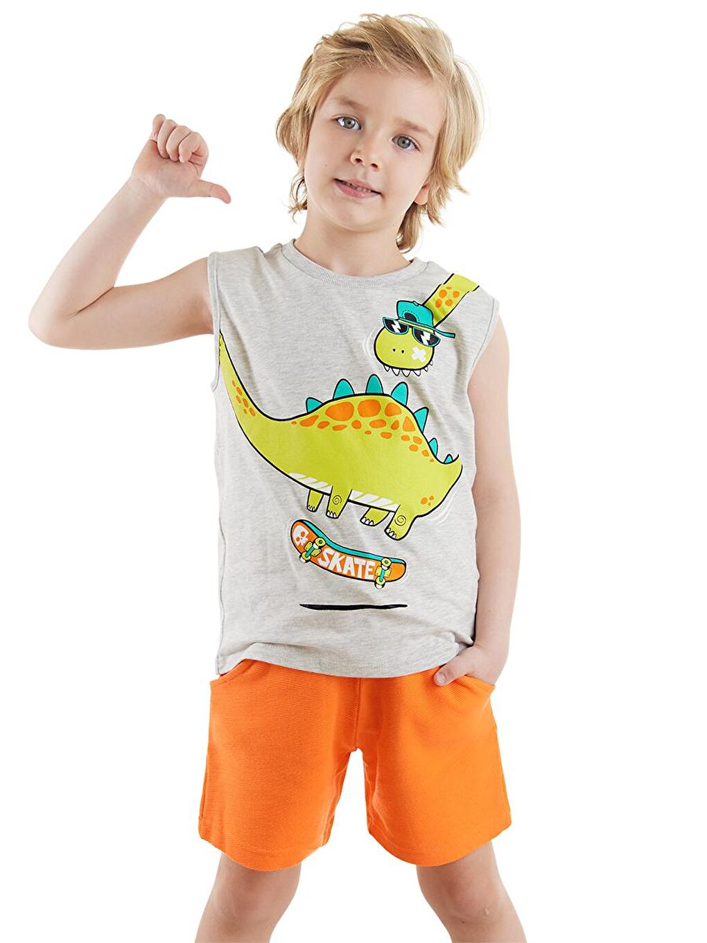 Denokids Turuncu Kaykay Dino Erkek Çocuk T-shirt Şort Takım