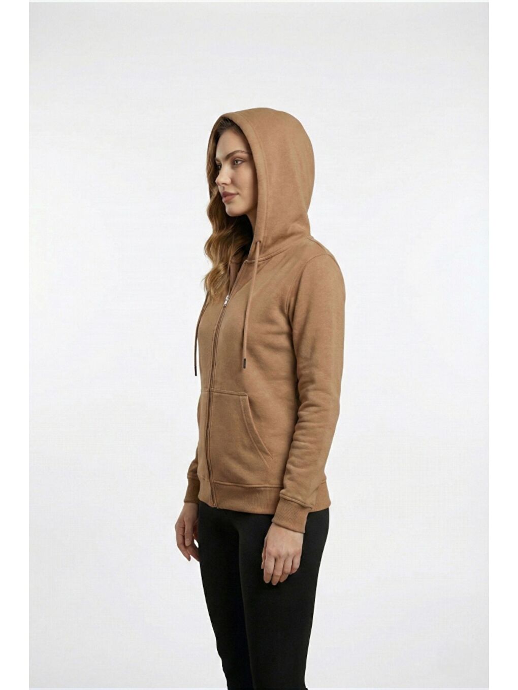 Kahverengi %100 Pamuk Kapüşonlu Fermuarlı Basic Kadın Hırka-1