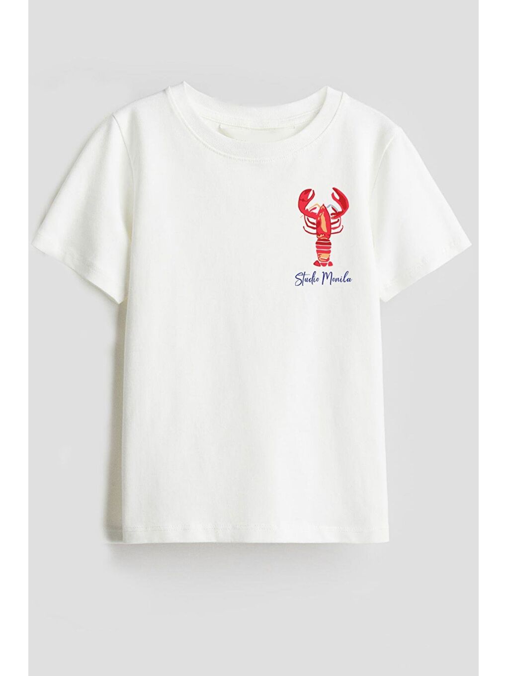 Beyaz Unisex Istakoz Baskılı Pamuklu T-Shirt