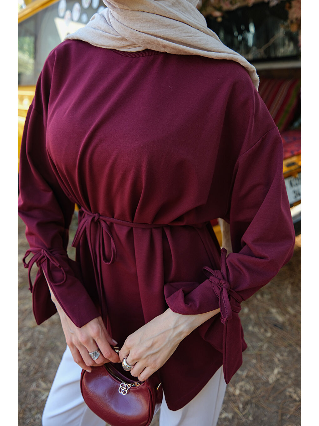 Kadın Bağcık Detaylı Sweatshirt Bordo-4