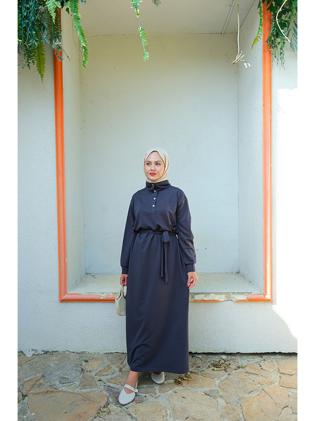 Kadın Yüksek Yaka Çıtçıtlı Elbise İndigo Mavi